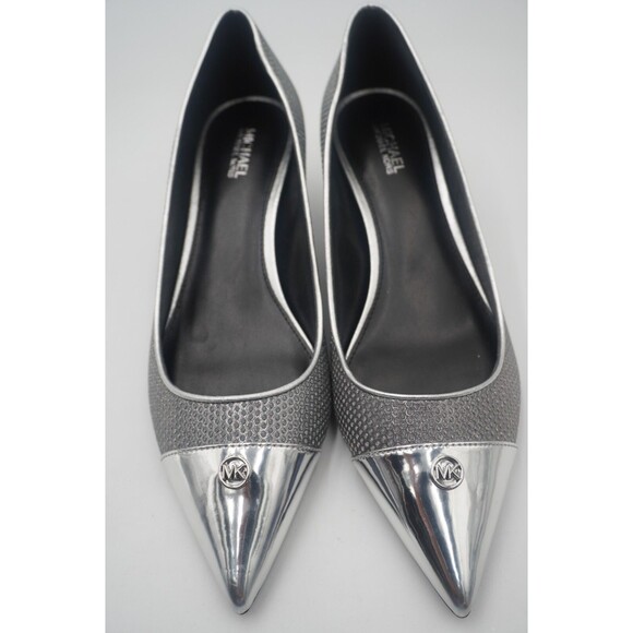 Michael Kors Davina Flex Kitten Metallic Silver Heel Pointed Toe Textured Sz 8.5 - Picture 12 of 16